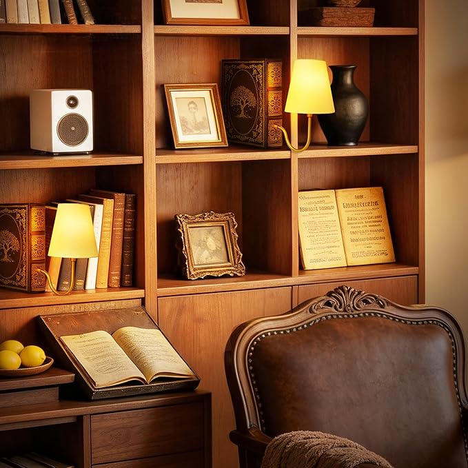 AELS Vintage Bookshelf Lamp with Bulb, Cordless Touch Dimmable Table Lamp with Linen Fabric Shade, Battery Operated, Modern Farmhouse, Book Sconce for Office Home Bedroom, Tree of Life Brown & Gold