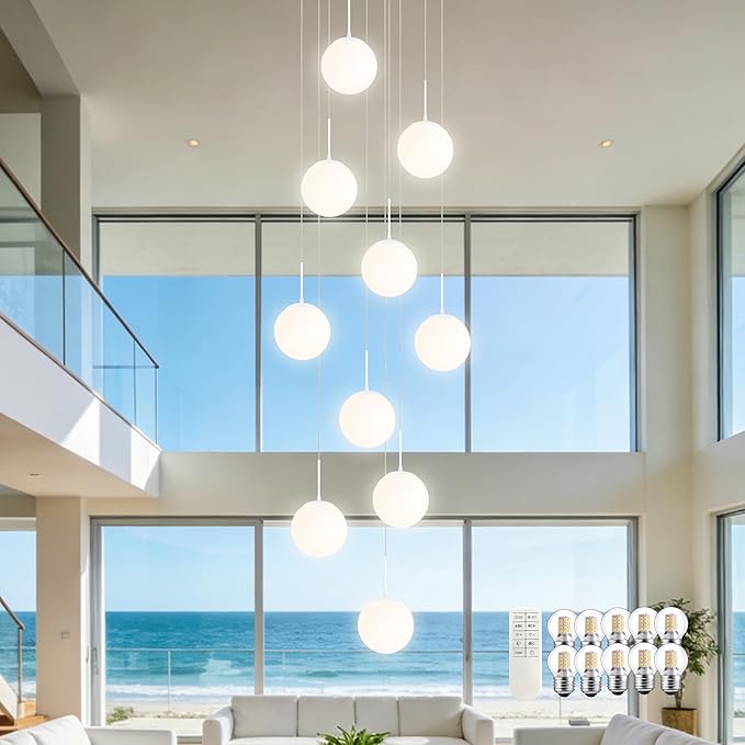 KoKo&Yukina Globe Pendant Light Adjustable Hanging Light Staircase Chandelier Milk Glass Pendant Lights with Milky White Glass Shade Globe Lights for Staircase