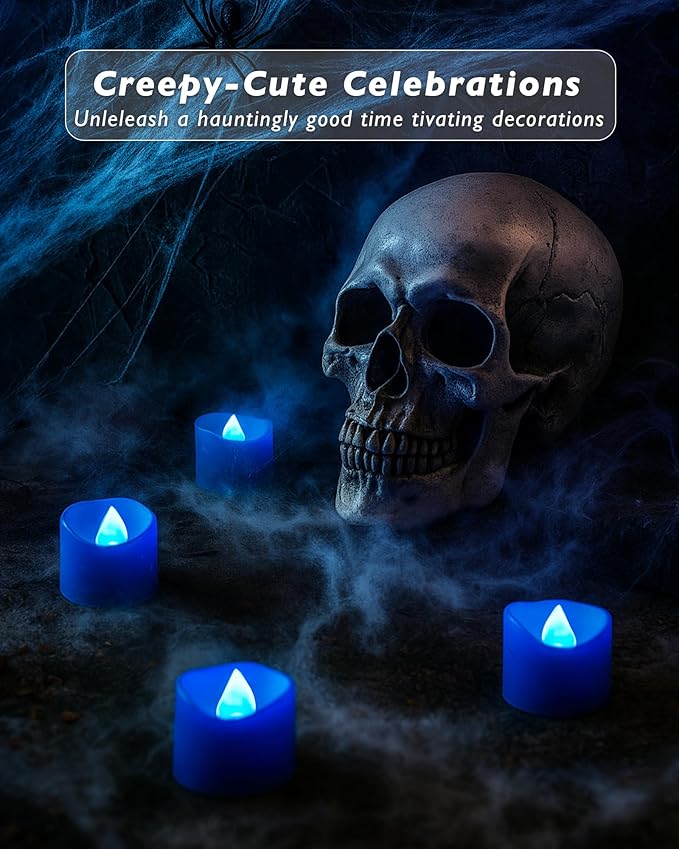 Raycare Blue Battery Operated Tea Lights, 200+Hour Electric Flickering Flameless Candles, Realistic Votive LED Tea Lights for Wedding Party Table Thanksgiving Christmas Decorations, Pack of 12