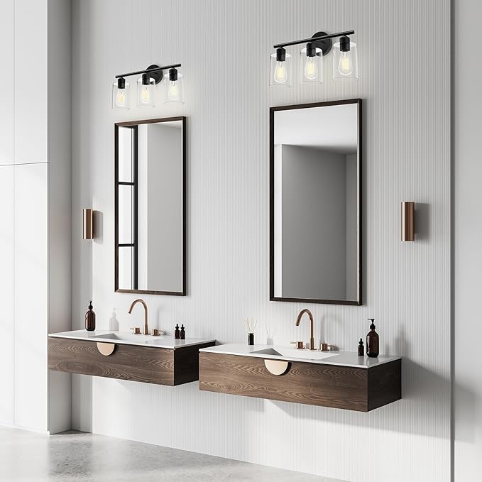 Espird Bathroom Vanity Light Fixtures Matte Black Bathroom Lighting Fixture, 3 Lights Bathroom Light Fixture Over Mirror, Modern Black Vanity Light, UL Certified Wall Sconces with Glass Shades