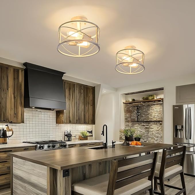 White Semi Flush Ceiling Light Fixture, 2-Light Farmhouse Flush Mount Light Fixtures, Modern Industrial Metal Cage Pendant Lighting for Hallway, Bedroom, Kitchen, Foyer, Living Room, Dining Room