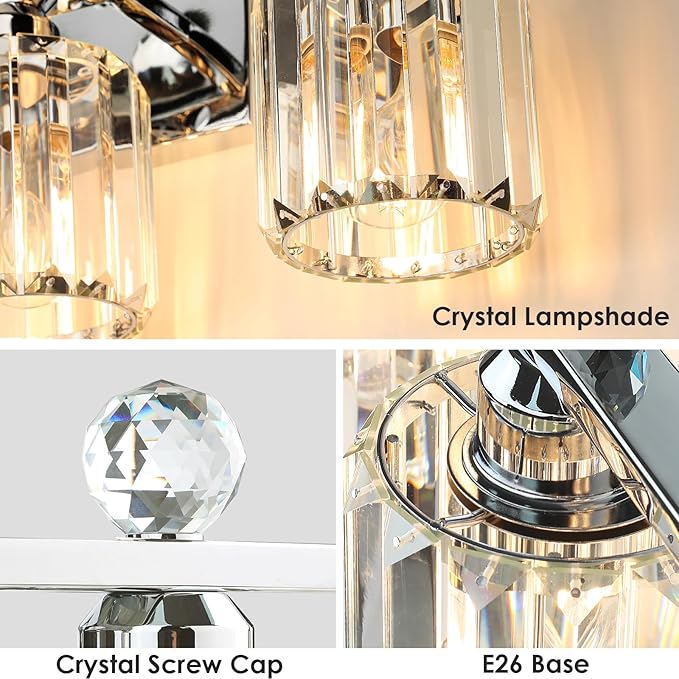 Crystal Bathroom Lighting Fixtures Over Mirror, 3 Light Chrome Brushed Nickel Vanity Light, Modern Bath Wall Sconce Lighting for Bedroom Living Room