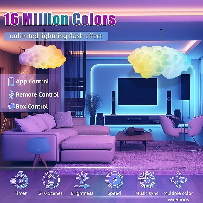 Cloud LED Lights for Bedroom - Aesthetic Mood Light with Music Sync App Control Wall Light, 3D Ceiling Lamp Color Changing Strip Lights for Kids Room Decorations