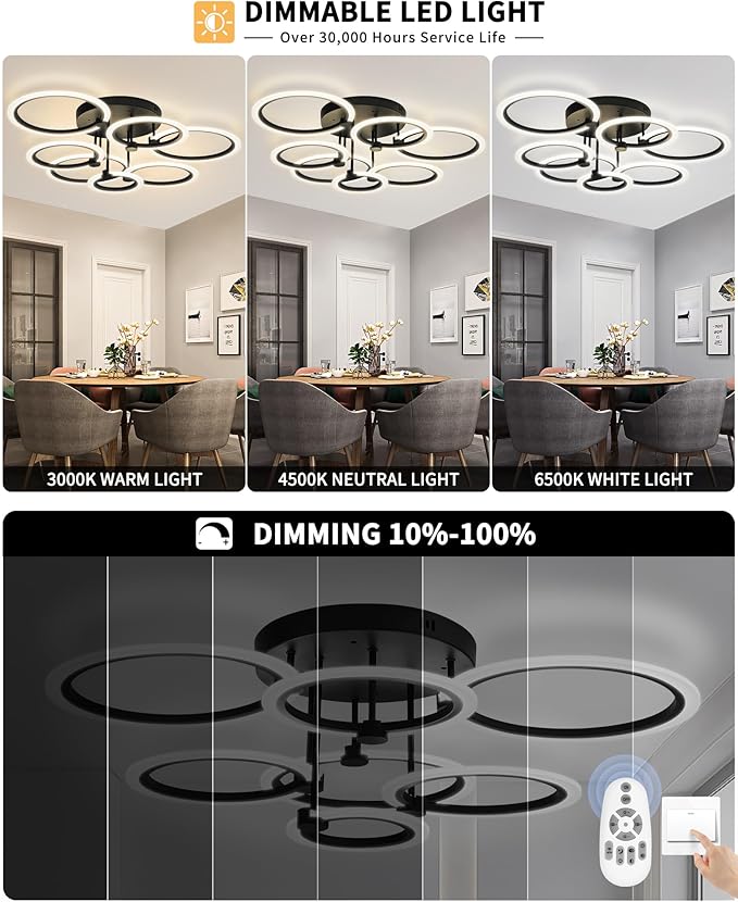 Modern LED Ceiling Light 7 Rings Dimmable Fixtures with Remote Black Close to Ceiling Light 31.8" 130W 3000K-6500K Flush Mount Ceiling Lamp for Living Room,Bedroom,Kitchen