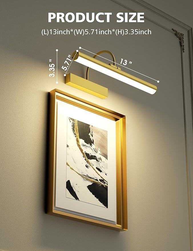 VOLISUN Picture Lights for Wall, 13 inch Rechargable Picture Light Battery Operated, 3 Color Temperatures Cordless Picture Light with Remote, Art Light for Paintings, Gallery, Portrait, 2 Pack (Gold)