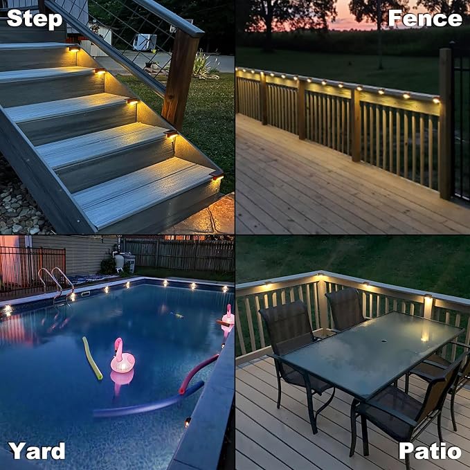 DenicMic 16 Pack Solar Deck Lights Outdoor Waterproof 4000K Warm White LED | Step Fence Patio Yard Stair Railling Pool Side Balcony Front Porch Outside Deck Lighting Decorative 5 Lumen ABS Brown Shell