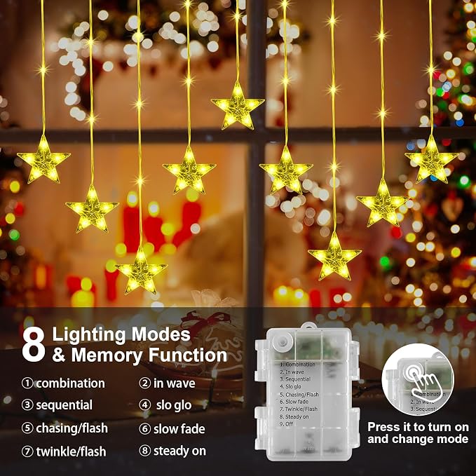 GLOONITY Fairy Lights for Festive Decoration, LED String Lights, IP65 Waterproof 9 Stars Curtain Lights Battery Operated with Timer 8 Mode, Warm White LED Lamps for Outdoor Use
