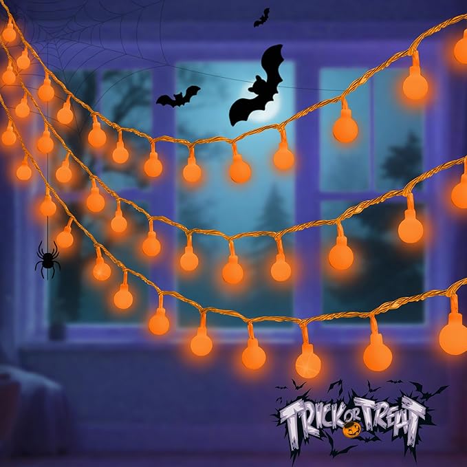 LORRYTE Connectable Orange Halloween Lights Outdoor Indoor - 43FT 100LED Globe String Lights Plug in with Timer, 13 Modes Fairy Light Waterproof for Party Halloween Decorations Bedroom Decor