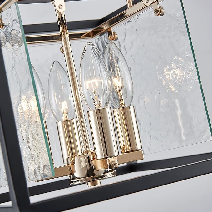 AGV LIGHTING CL015 Semi Flush Mount Ceiling Light Fixture, Close to Ceiling Light, 4-Lights E12 Base, Hazy Textured Glass Shade, Matte Black & Shine Gold Finish