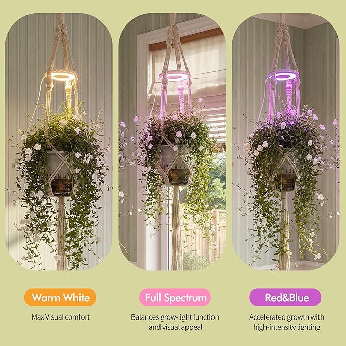 Hanging Plant Grow Lights for Indoor Plants with Timer, Wall Mounted Full Spectrum Pendant Growing Light with Macrame Plant Hanger, Ceiling LED Planta Luz for Potted Plants Home Decor(2 Pack)