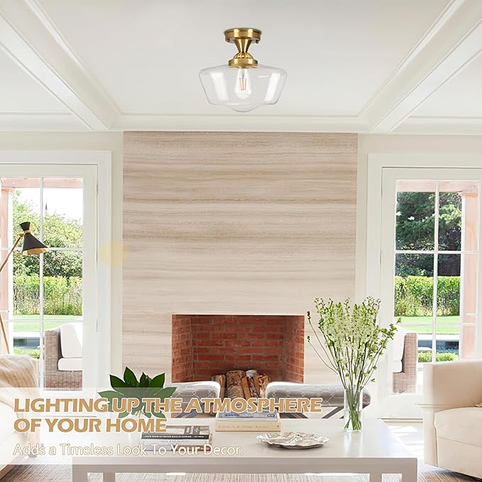 Brass Schoolhouse Light Fixture 12" Mid Century Light Fixture Schoolhouse Light Fixtures Ceiling Clear Glass Semi Flush Mount Ceiling Lights for Bedroom Bathroom Kitchen(Bulb Incl.)