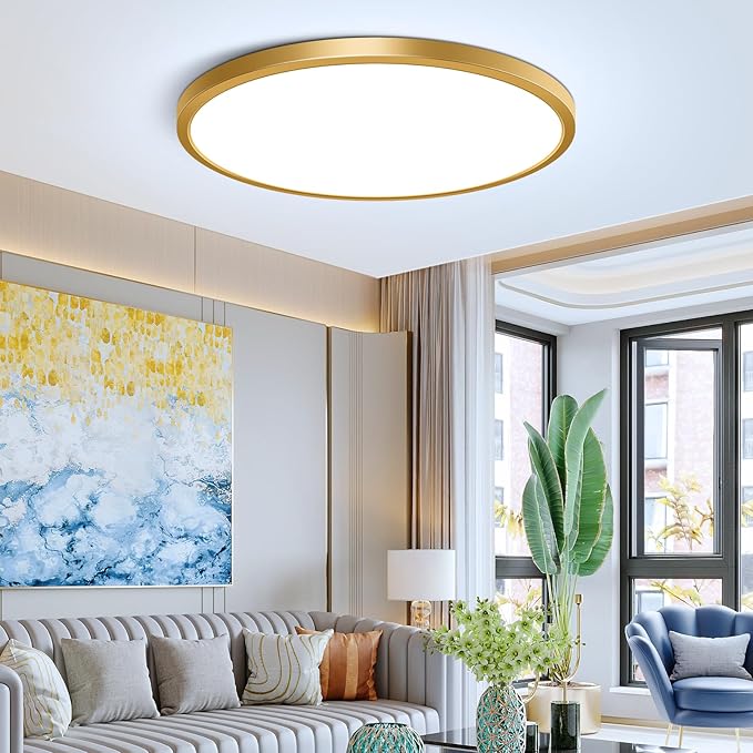 12Inch Gold Flush Mount Ceiling Light Fixture , 24W(240W Equivalent), 3200LM, 6000K Cool White, IP40, Flat Modern Round LED Ceiling Lights for Bedrooms, Living Rooms, Bathrooms, Stairwells, etc.
