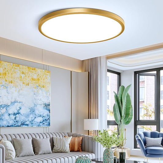 12Inch Gold Flush Mount Ceiling Light Fixture , 24W(240W Equivalent), 3200LM, 6000K Cool White, IP40, Flat Modern Round LED Ceiling Lights for Bedrooms, Living Rooms, Bathrooms, Stairwells, etc.
