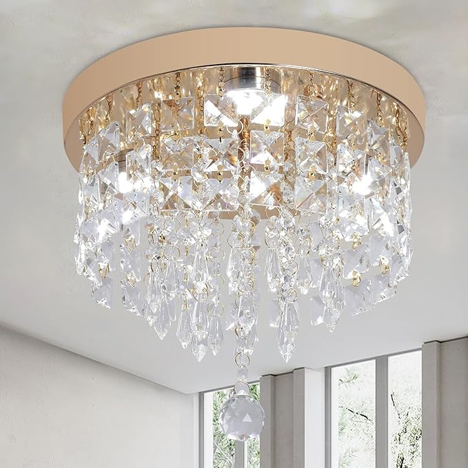 Deckrico Gold Crystal Chandelier Flush Mount Ceiling Light – Modern LED Lighting Fixture for Bedroom, Closet, Bathroom, Hallway – White Light
