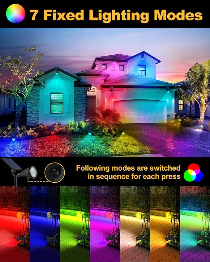 Solar Spot Lights Outdoor Color Changing, 7 Modes/14 LED Outdoor Solar Lights for Yard, Waterproof RGB Multicolor Solar Landscape Spotlights Auto On/Off for Flood, Yard, Tree, Pathway, 4 Pack