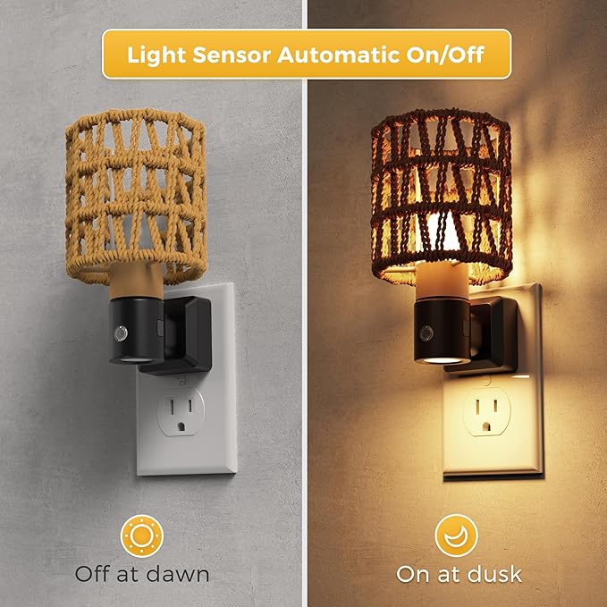 L LOHAS LED Night Lights Plug into Wall, 2 Pack Cylindrical Ironwork Boho Lampshade Decor Night Light, 350° Rotatable Dusk to Dawn Sensor Vintage Nightlight, Dimmable for Bedroom Living Room Hallway