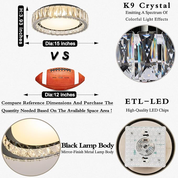 Crystal Dimmable Flush Mount Ceiling Light, Black Modern LED Close to Ceiling Light Fixture with 5CCT 2700K-6000K, Round kitchen Lighting for Bedroom, Laundry Room, Hallway, Living room (15in 36W)