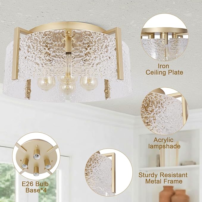 Bektas Semi Flush Mount Ceiling Light, Hallway Light Fixture,Entryway Light,Modern Bedroom Lampe,Metal Light Fixtures,Lighting Fixture Flush Mount for Kitchen Bathroom Dining Room (Gold, 4-Light)