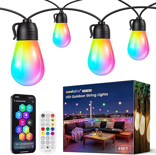 woohaha Outdoor String Lights,45(37+8) FT Smart RGB+IC+Warm White Outdoor Patio Lights with 19 Dimmable LED Bulbs, IP65 Color Changing Light with APP Control&2.4G Remote,for Outside Backyard Decor