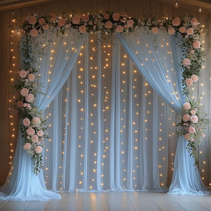 Baby Blue Tulle Backdrop Curtain with Lights String 10x8ft Sheer Drapes for Baby Shower Decorations for Boy, Bridal Shower, Photo Booth, Birthday Party Decor(2 Panels)