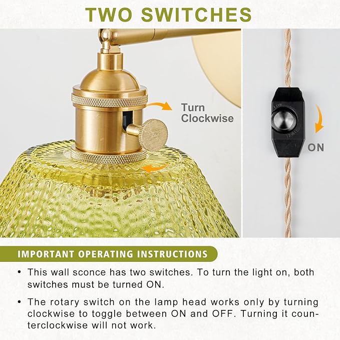 Plug in Wall Sconce, Vintage Sconce Light with Gradient Green Glass Lampshade, Bedside Wall Sconce with Switch and Plug in Wall Lamp Cord, Gold Wall Light for Bedroom