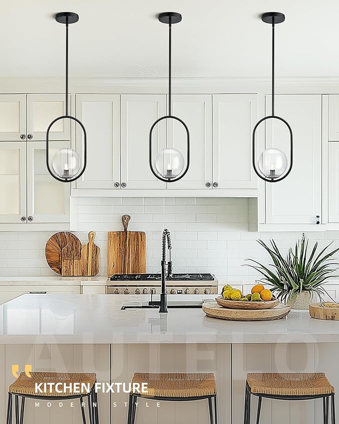 AUTELO 1-Light Matte Black Pendant Lights Kitchen Island, Kitchen Pendant Lighting Over Island with Clear Globe Glass, Black Hanging Lamp with Adjustable Rod for Kitchen Island H9376 CLBK