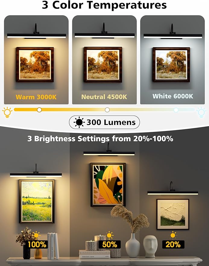 VOLISUN Picture Lights for Wall, 16 inch Rechargable Picture Light Battery Operated, 3 Color Temperatures Cordless Picture Light with Remote, Art Light for Paintings, Gallery, Portrait, 2 Pack (Black)