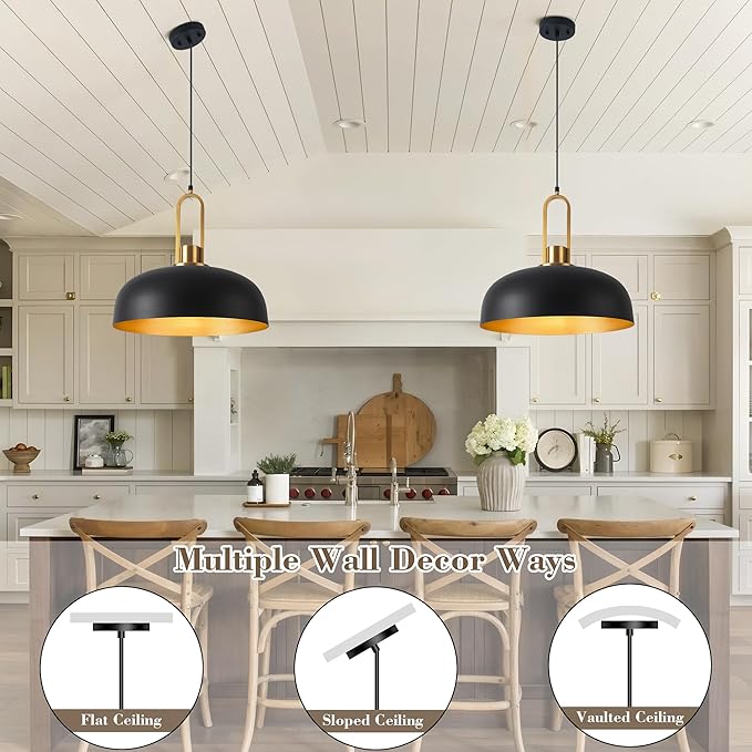Matte Black Dome Pendant Light 18" Large Farmhouse Pendant Lighting Fixture Vintage Black and Gold Chandeliers for Dining Room, Kitchen Island, Bedroom, Hallway
