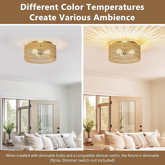ROOMTEC 17.7" Rattan Flush Mount Ceiling Light, 4-Light Ceiling Fixture with Bulbs Included, Boho Woven Natural Fiber Dining Room Light for Bedroom Living Room Kitchen