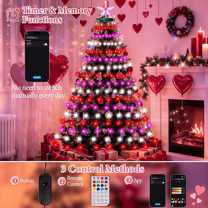 Smart Valentine's Day Lights with Star Topper, APP Control Music Sync Color Changing RGB Christmas String Lights, Cascading Twinkle Lights for Indoor Outdoor Xmas Tree Decorations