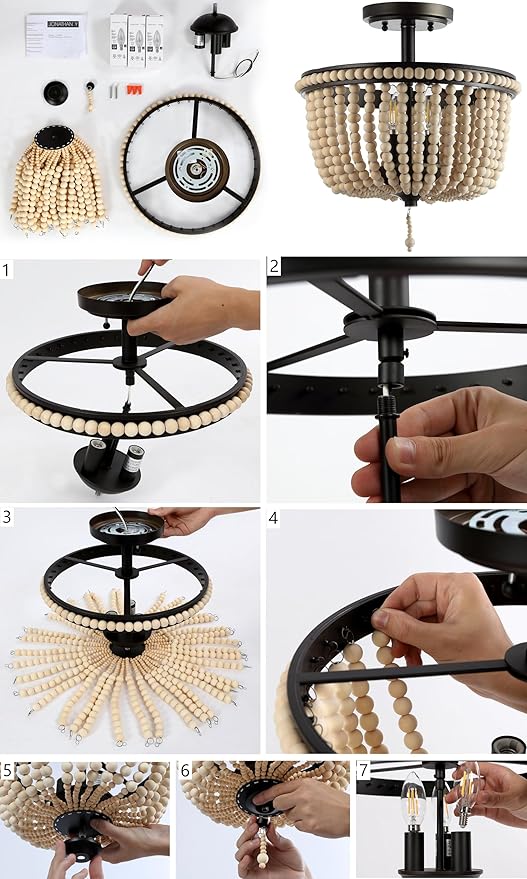 JONATHAN Y 14" Antique Gold/Light Taupe Wood Beaded LED Semi Flush Mount Light, Boho Farmhouse 3-Light Ceiling Chandelier with Cream Wood Bead Shade for Nursery, Bedroom (JYL9020C)