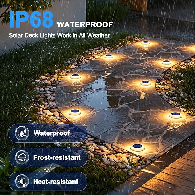 Honalia Solar Deck Lights Outdoor, 4 Pack Warm White Solar Powered Driveway Lights, Waterproof Stick on Solar Dock Lights for Stair, Patio, Pathway, Yard, Walkway, Sidewalk, Step