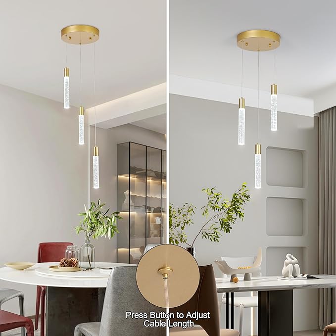 3-Light Bubble Crystal Ceiling Gold Integrated Crystal Pendant Chandelier,Dimmable LED Ceiling Light with Adjustable Height for Kitchen Island, Dining Room & Bedroom 3000K -6000K