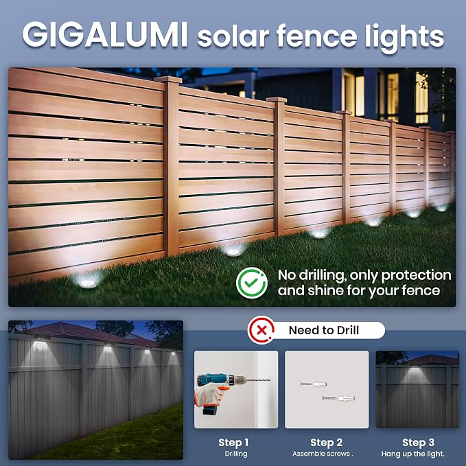 GIGALUMI Solar In-Ground Fence Lights - 12 Pack Cool White, Waterproof Fence Perimeter Lights, No-Drill Installation, Compatible with Wood, Metal, Vinyl, Concrete and Composite Fences