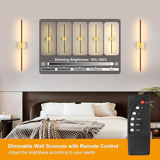 Morauroral 36 Inch Battery Operated Wall Sconces Set of 2, Dimmable Battery Wall Sconce with Remote Control, Walnut Gold LED Rechargeable Sconces, Modern Wireless Wall Lights for Bedroom, Living Room