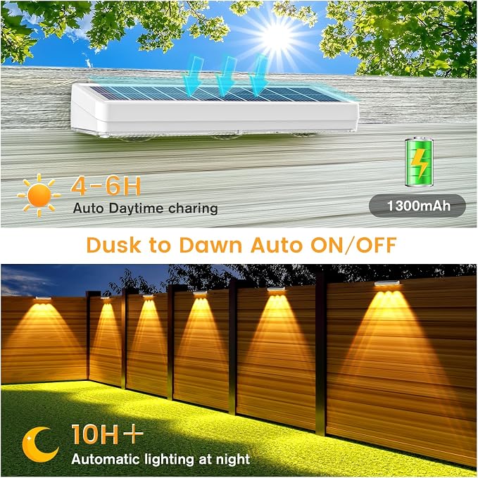 JOFIOS Solar Fence Lights Outdoor,1300mAh, 12pack,Warm/Natural/Cool White,IP65 Waterproof,Fence Lights Solar Powered,Solar Lighting for Deck, Backyard, Railing(White)