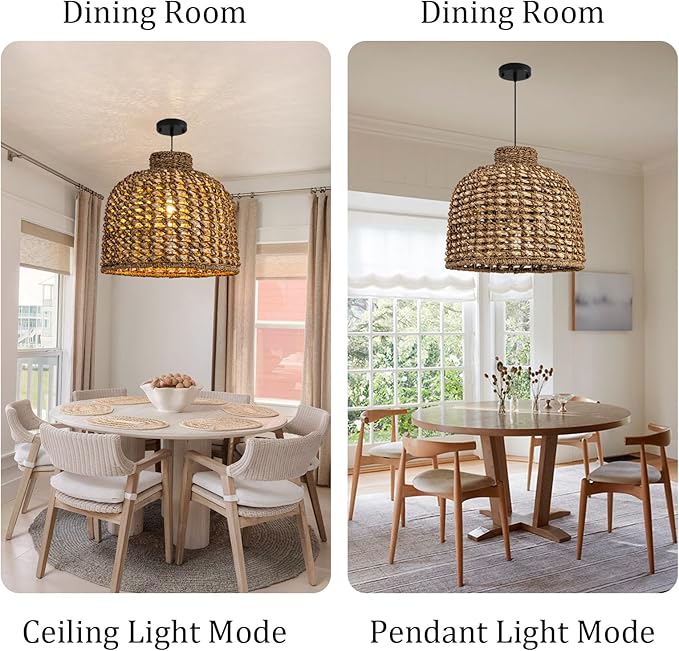 Rattan Pendant Light Fixtures,13.78" Boho Seagrass Pendant Light,1-Pack Hand Woven Water Plants Rattan Chandelier for Dining Living Bedroom Kitchen Farmhouse