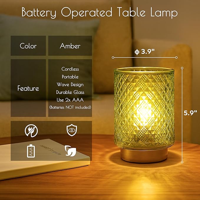 LUSHARBOR Battery Operated Lamp with Timer, Small Table Lamp for Shelf Decor, Glass Cordless Lamps Bedside Cozy Light for Living Room/Coffee Table/Entryway Diamond Design-Green