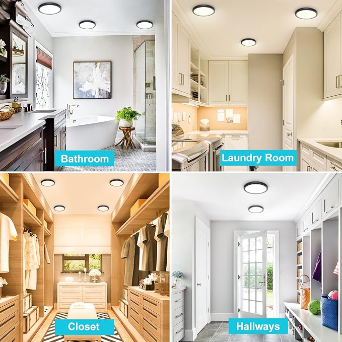 libtit 3Pack 7 inch Flush Mount Ceiling Light, 15W 1500Lm Surface Mount LED Light Fixture,3000k/4000k/6500k Color Selectable, Black Thin Flat Round LED Lamp for Bathroom Kitchen Laundry LivingRoom