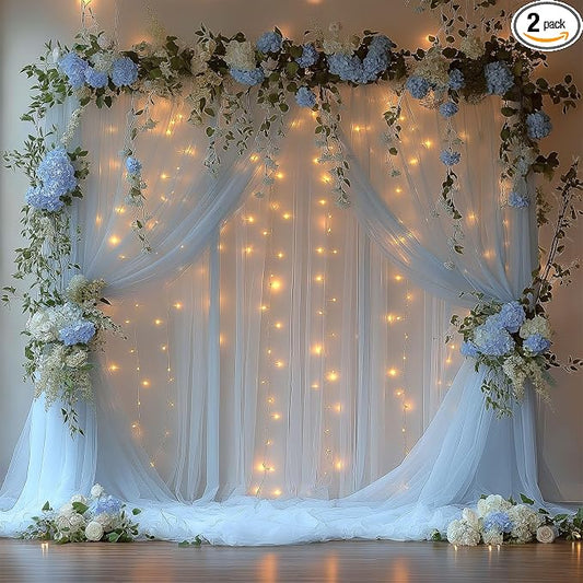 Baby Blue Tulle Backdrop Curtain with Lights String 10x8ft Sheer Drapes for Baby Shower Decorations for Boy, Bridal Shower, Photo Booth, Birthday Party Decor(2 Panels)