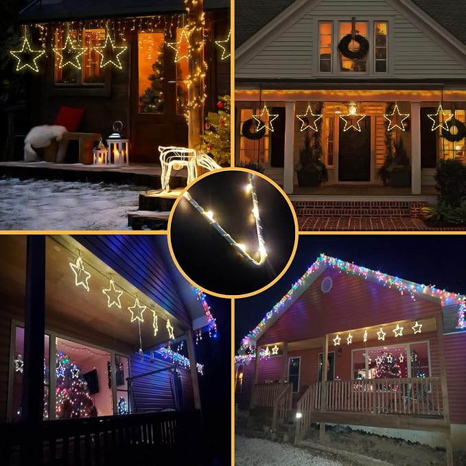LED Christmas Window Star Decoration - 5 Pack 200 Hanging Star Lights Battery Operated 8 Modes with 5 Remote Controls for Indoor, Outdoor Christmas Window Decorations, Porch, Warm White