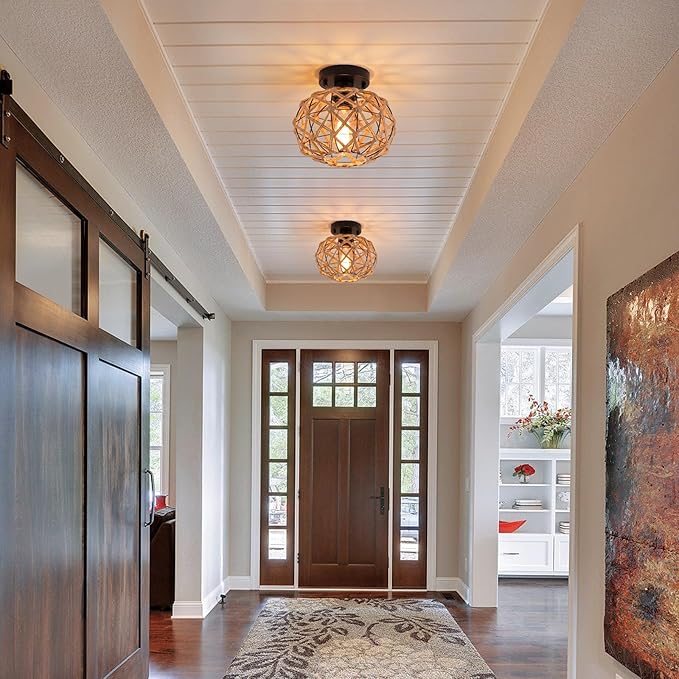 2 Pack Coastal Woven Flush Mount Ceiling Light Fixture Small Boho Rustic Hemp Rope Cage Semi Flush Mount Ceiling Light for Kitchen Hallway Farmhouse Entryway Beach, Black