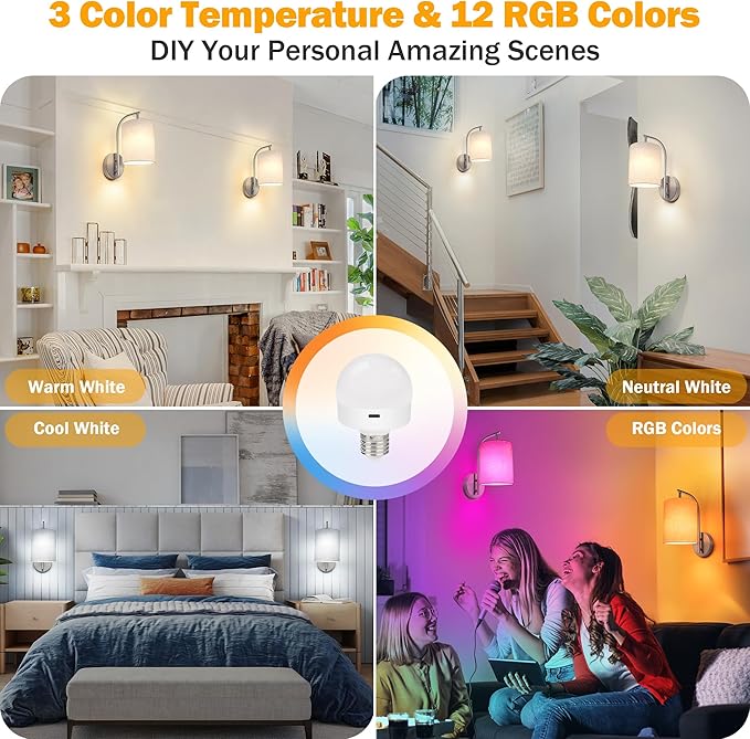 MATAMEYE Battery Operated Wall Sconce Set of 2, Brushed Nickel Rechargeable Dimmable Wall Light Fixture Remote, 12 RGB Colors & Timer, Wireless Lamp White Shade