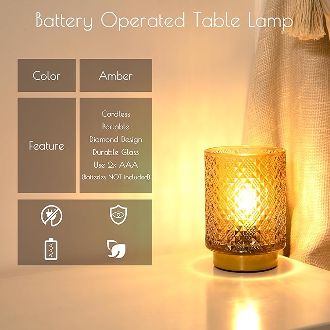 LUSHARBOR Battery Operated Lamp with Timer, Small Table Lamp Bedside Decor Ambient Light, Glass Cordless Battery Lamp for Bookshelf Living Room Entryway Diamond Design-Amber