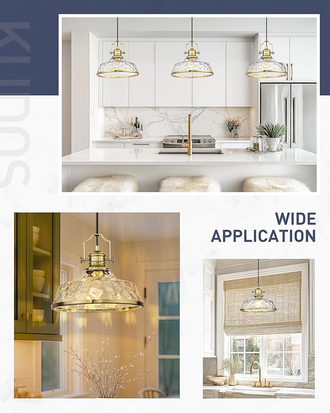 kudos 2 Pack Gold Pendant Lights Kitchen Island, 11" Brass Kitchen Island Lighting with Hammered Glass Shade, Farmhouse Hanging Light Fixture for Kitchen Sink Dining Room Hallways, KDPL13-GD-H-2PK