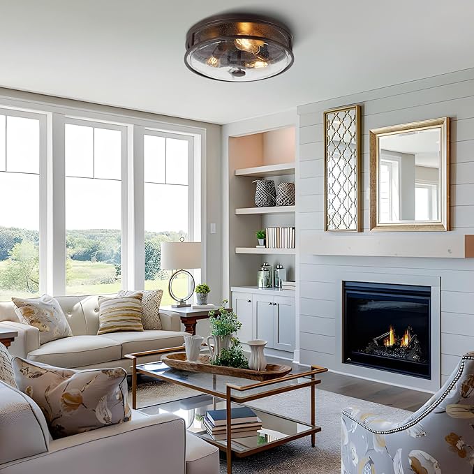 16 Inch Large Flush Mount Ceiling Light Fixture with Seeded Glass, Bronze Round Ceiling Lamp Shade, Modern Farmhouse Indoor Outdoor Ceiling Lighting for Kitchen Dining Living Room Foyer