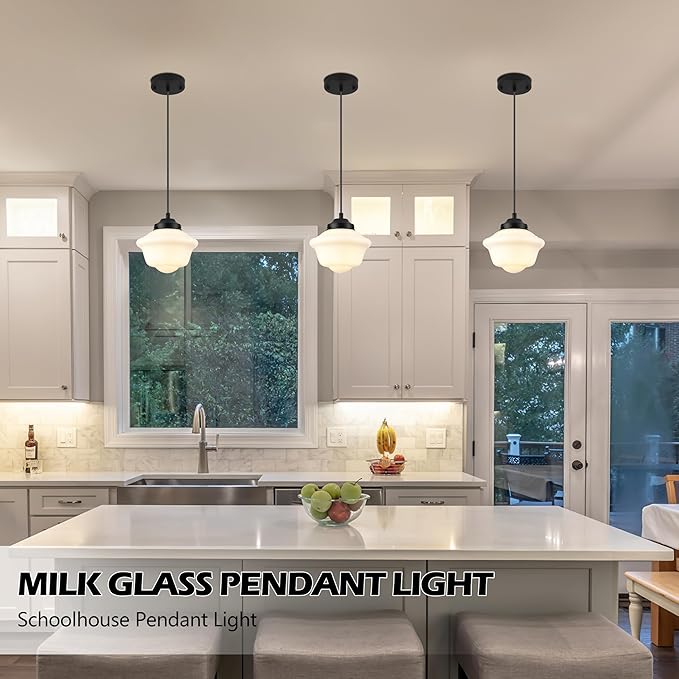 Black Schoolhouse Light Fixture 8" Milk Glass Pendant Light Schoolhouse Pendant Light Milk Glass Light Fixture Mid Century Pendant Light for Bedroom Bathroom Kitchen Hallway (Bulb Incl.)
