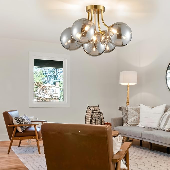 Gold Bubble Glass Chandelier 5-Light, Glass Sputnik Flush Mount Ceiling Light for Living Room, D16'' x H12'', G9*5 Sockets, Globe Bubble Light Chandelier with Grey Ball Smooth Shade