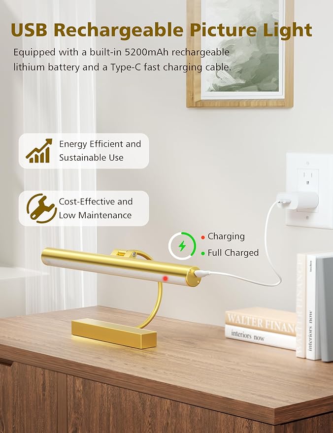 VOLISUN Picture Lights for Wall, 13 inch Rechargable Picture Light Battery Operated, 3 Color Temperatures Cordless Picture Light with Remote, Art Light for Paintings, Gallery, Portrait, 1 Pack (Gold)