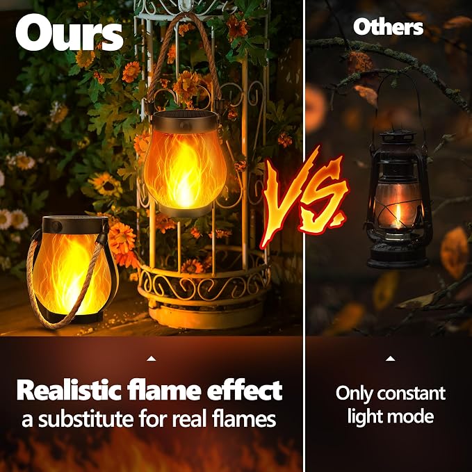 iBaycon 2 Pack Gen2 Solar Lantern Lights USB Ultra-Real Flame, Warm White | Solar Garden Lights with Dual Charging USB & Solar, 2 Modes Outdoor Waterproof Hanging Lantern for Patio Yard Home